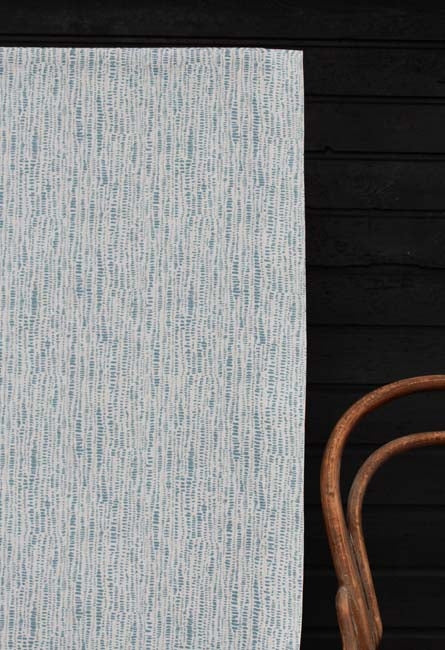 Dora-WHT-Shadow Blue - White fabric with Blue Print Abstract Print, 100% Linen