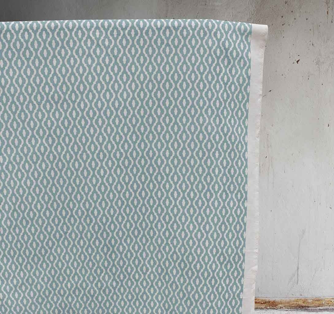 Oona Shadow Blue - White linen fabric, Blue abstract print