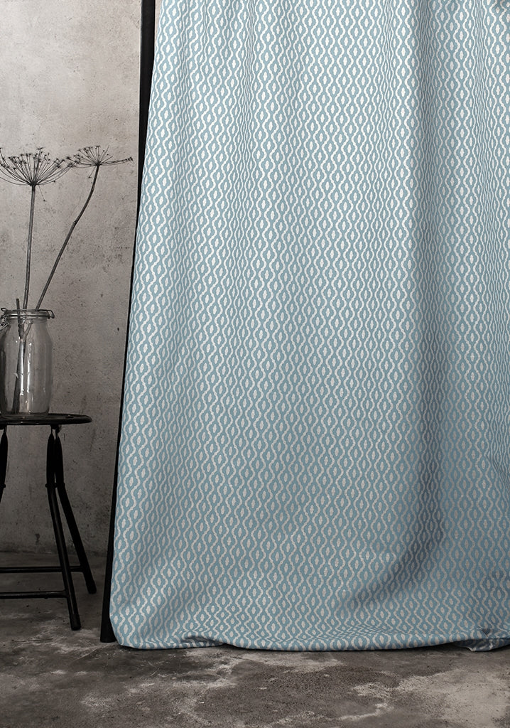 Oona Shadow Blue - White linen fabric, Blue abstract print