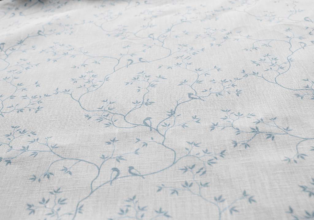 Goldfinch Shadow Blue WHT- Curtain fabric with botanical print