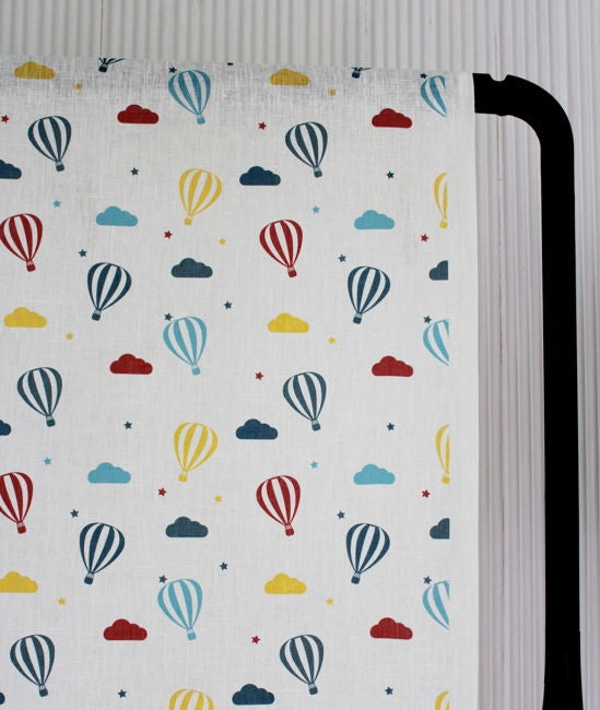Sky Ride Marine - Linen fabric, Blue, Red and Yellow pattern with hot air balloons