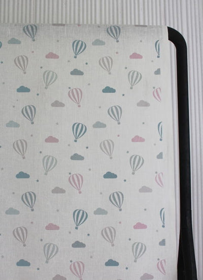 Sky Ride Pink - Linen fabric, Pink and Blue pattern with hot air balloons - Kids print!