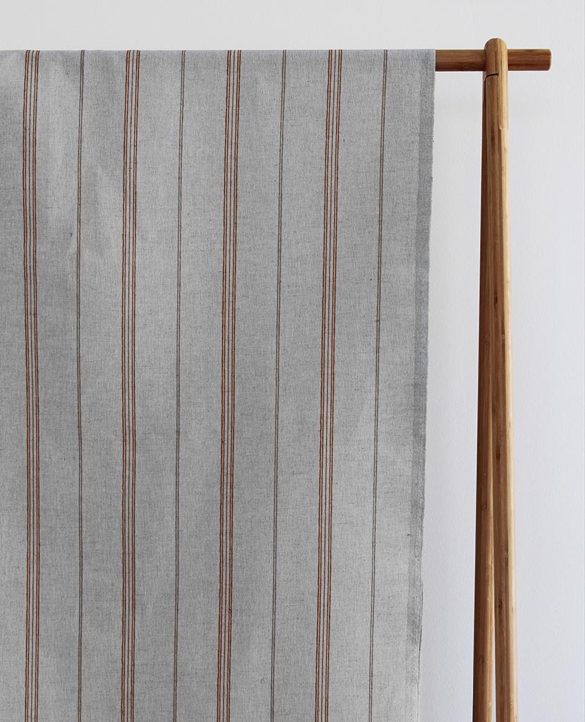 Elise Terracotta - Linen Cotton mix curtain fabric, Orange & Grey stripes
