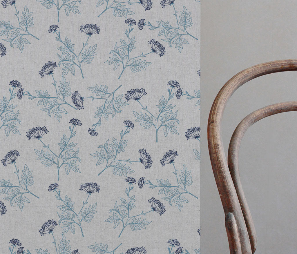 Emmy True Blue - Natural fabric with botanical Light Blue and Dark Blue print
