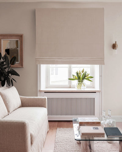 White Linen Roman Blind with Blackout lining. 100% Linen - Beata Bone White by Ada & Ina.