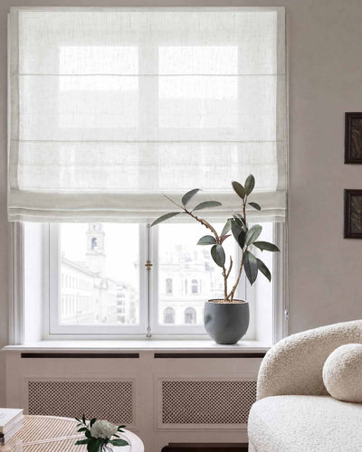 Pure white Roman blind. Made of soft pre-washed 100% Linen fabric -  Lupe Brilliant White